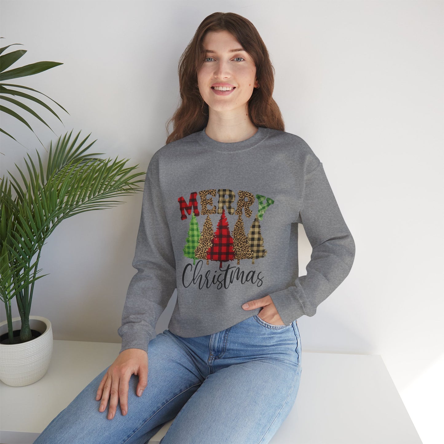 Merry Christmas Plaid Trees Unisex Crewneck Sweatshirt Christmas Gift