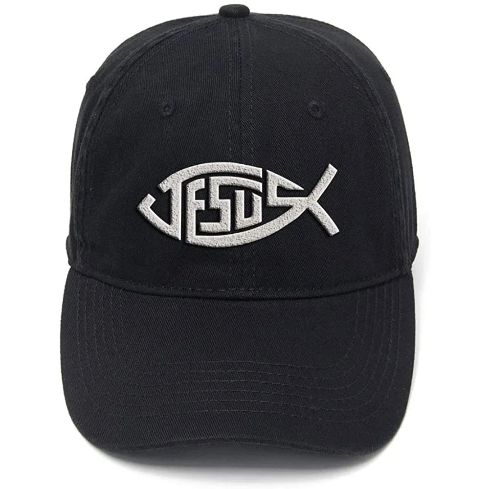 Flock Printed Washed Cotton Adjustable Baseball Cap - Jesus Fish