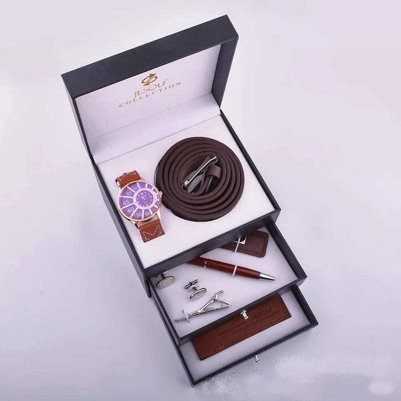 Luxury Men's Accessory Gift Set - Watch, Watch Belt, Cufflinks, Ballpoint Pen, Keychain, Tie & Tie Clip