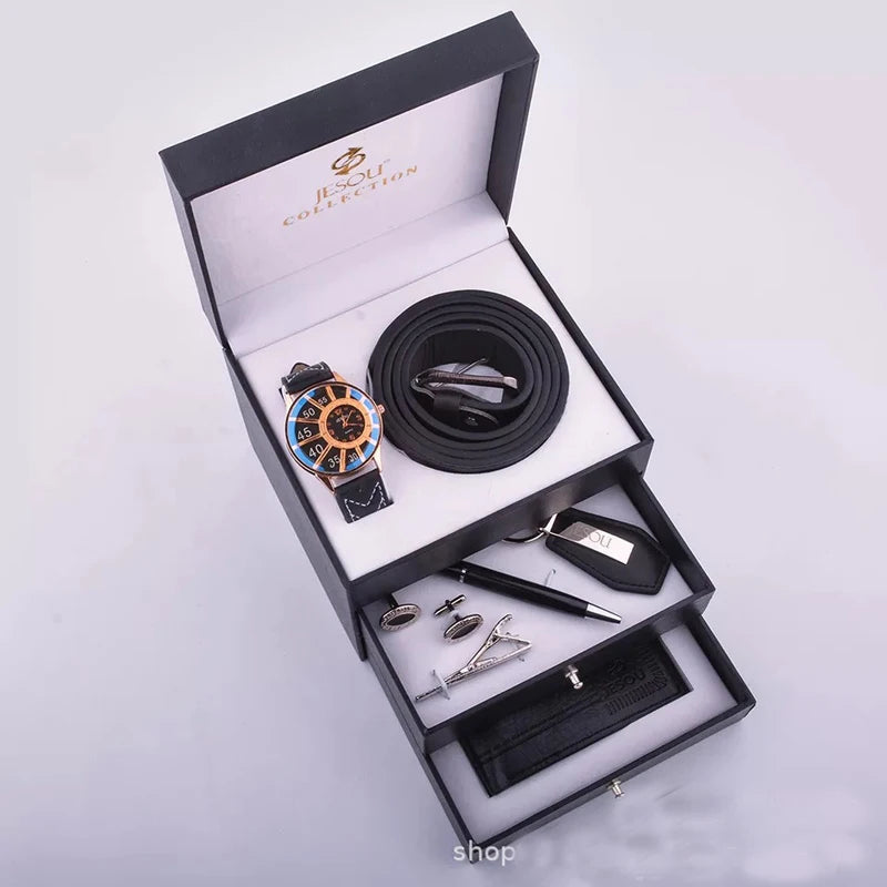 Luxury Men's Accessory Gift Set - Watch, Watch Belt, Cufflinks, Ballpoint Pen, Keychain, Tie & Tie Clip