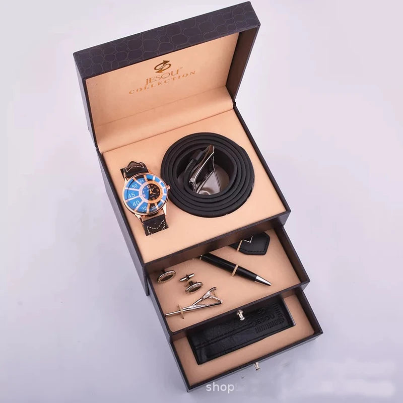 Luxury Men's Accessory Gift Set - Watch, Watch Belt, Cufflinks, Ballpoint Pen, Keychain, Tie & Tie Clip