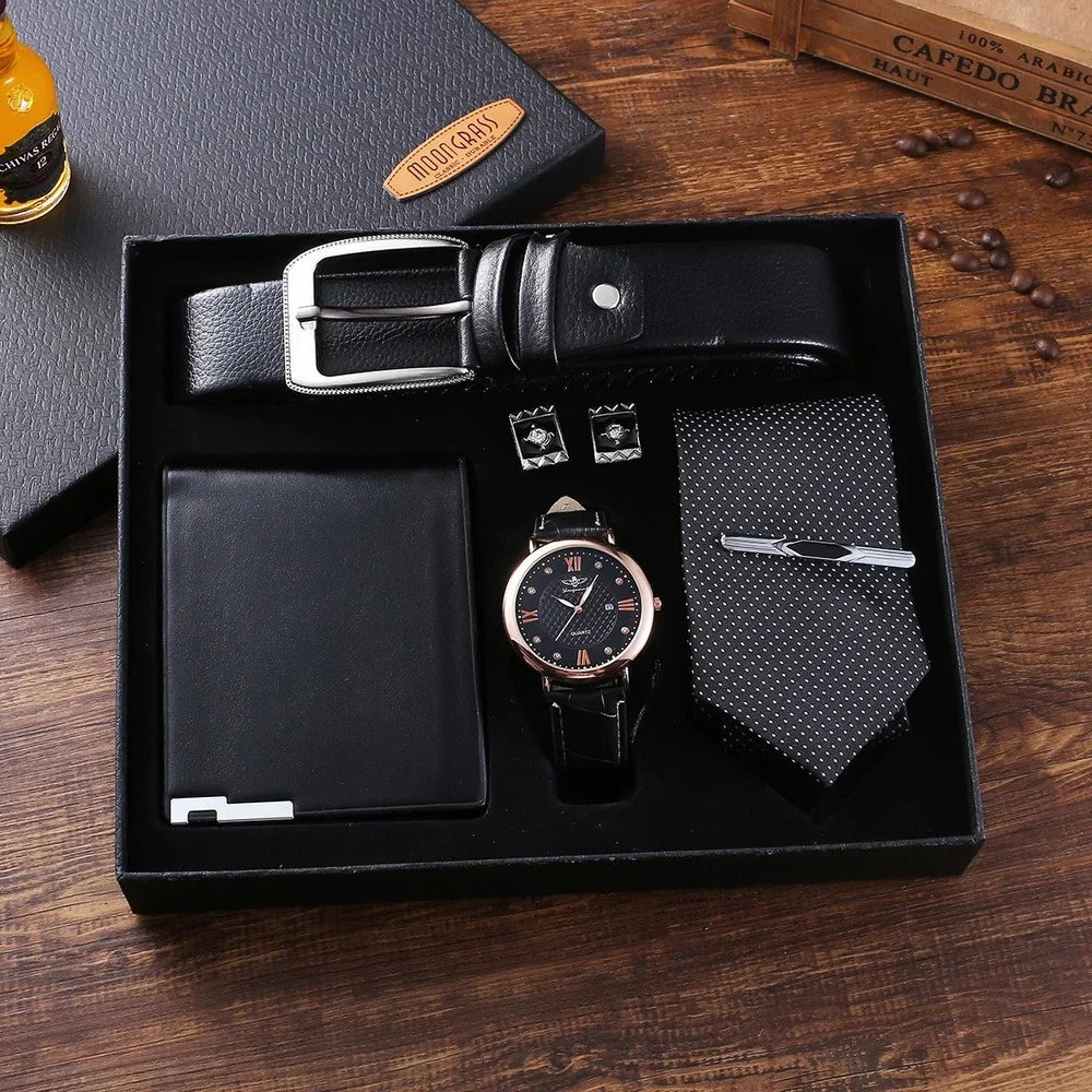 Luxury Men's Accessory Gift Set - Watch, Wallet, Belt, Cufflinks, Tie & Tie Clip