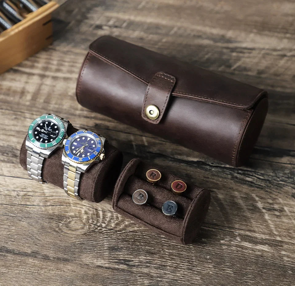 Personalized Engraved Name Premium Leather Roll Style Cufflink & Watch Traveling Case Gift
