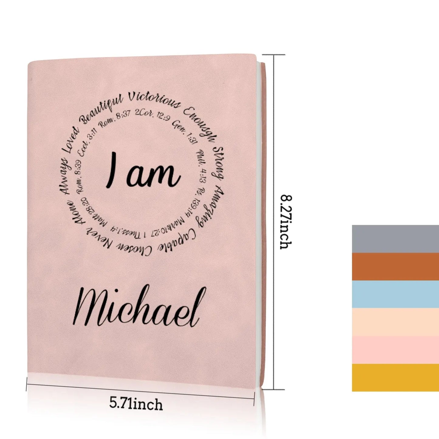Personalized Name "I Am..." Circle Bible Verse Quotes Christian Bound Leather Journal Gift