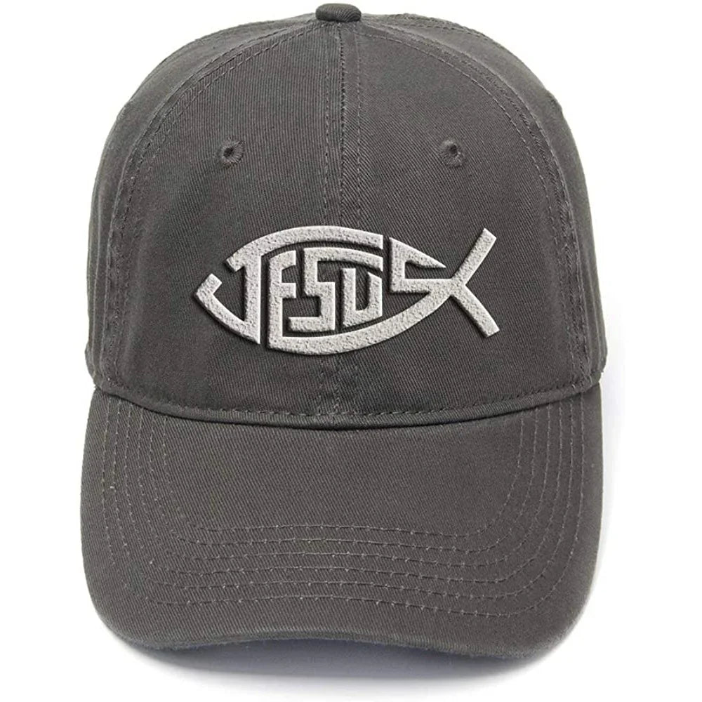 Flock Printed Washed Cotton Adjustable Baseball Cap - Jesus Fish