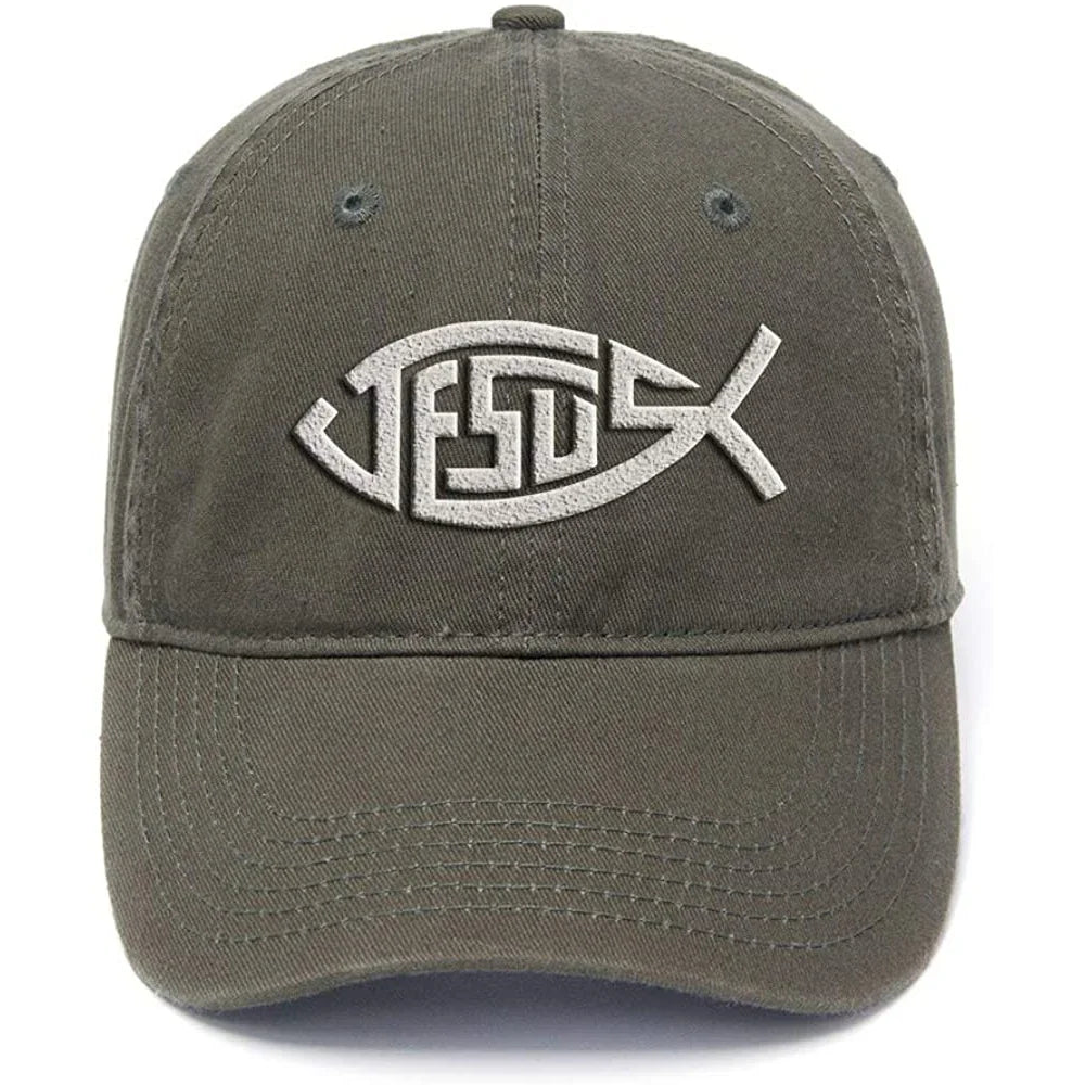 Flock Printed Washed Cotton Adjustable Baseball Cap - Jesus Fish