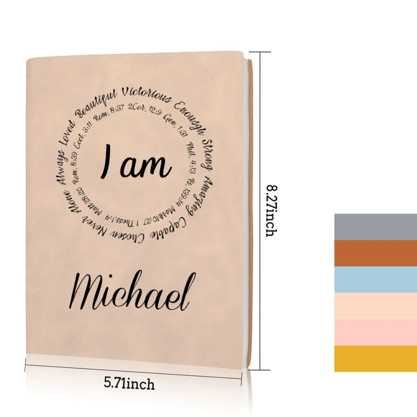 Personalized Name "I Am..." Circle Bible Verse Quotes Christian Bound Leather Journal Gift