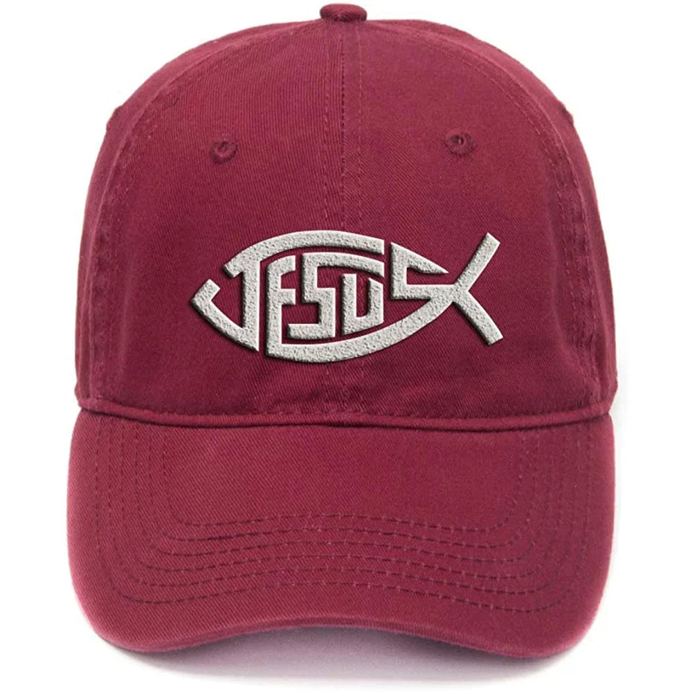 Flock Printed Washed Cotton Adjustable Baseball Cap - Jesus Fish