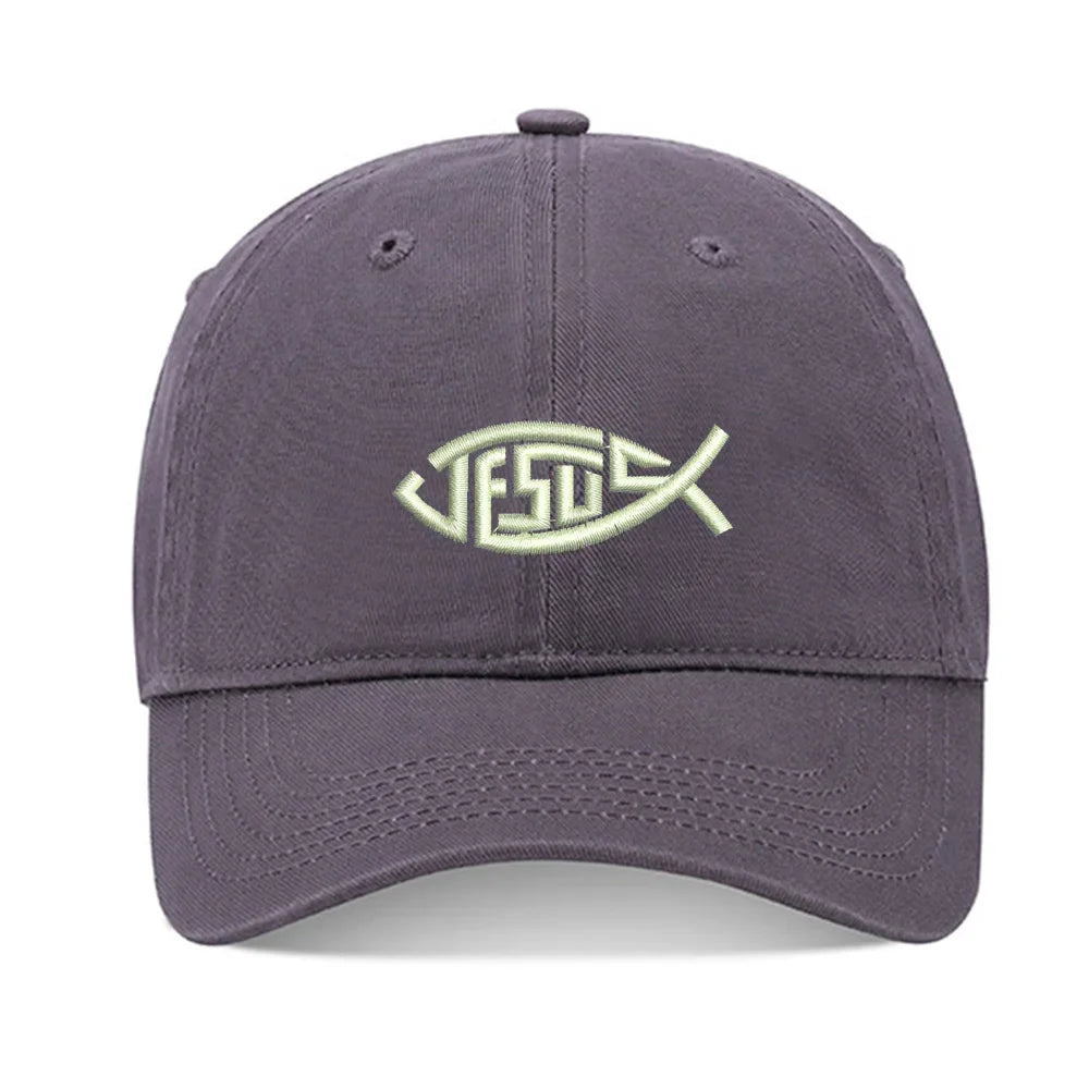 Embroidered Washed Cotton Adjustable Baseball Cap - Jesus Fish