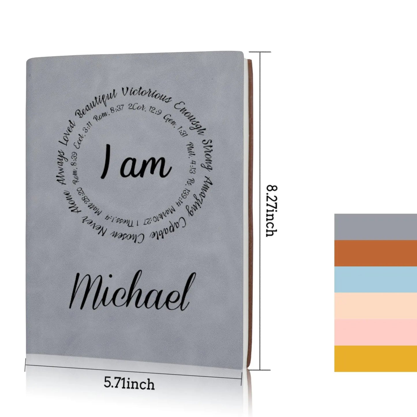 Personalized Name "I Am..." Circle Bible Verse Quotes Christian Bound Leather Journal Gift