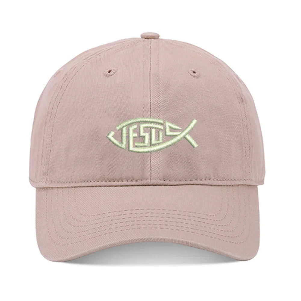 Embroidered Washed Cotton Adjustable Baseball Cap - Jesus Fish