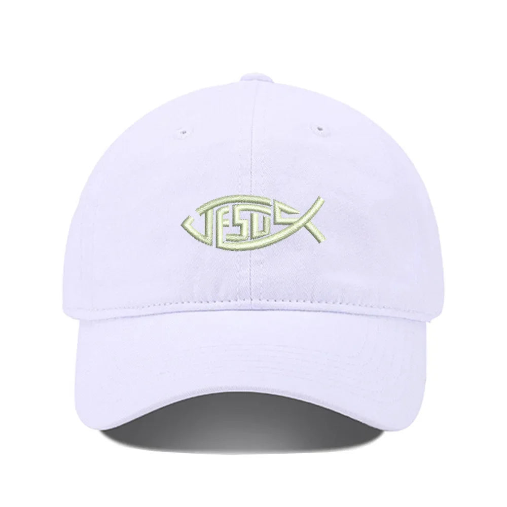 Embroidered Washed Cotton Adjustable Baseball Cap - Jesus Fish