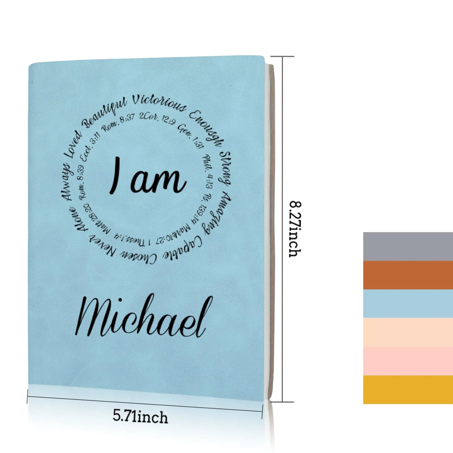 Personalized Name "I Am..." Circle Bible Verse Quotes Christian Bound Leather Journal Gift