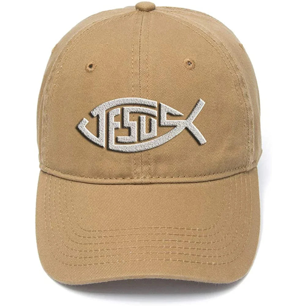 Flock Printed Washed Cotton Adjustable Baseball Cap - Jesus Fish