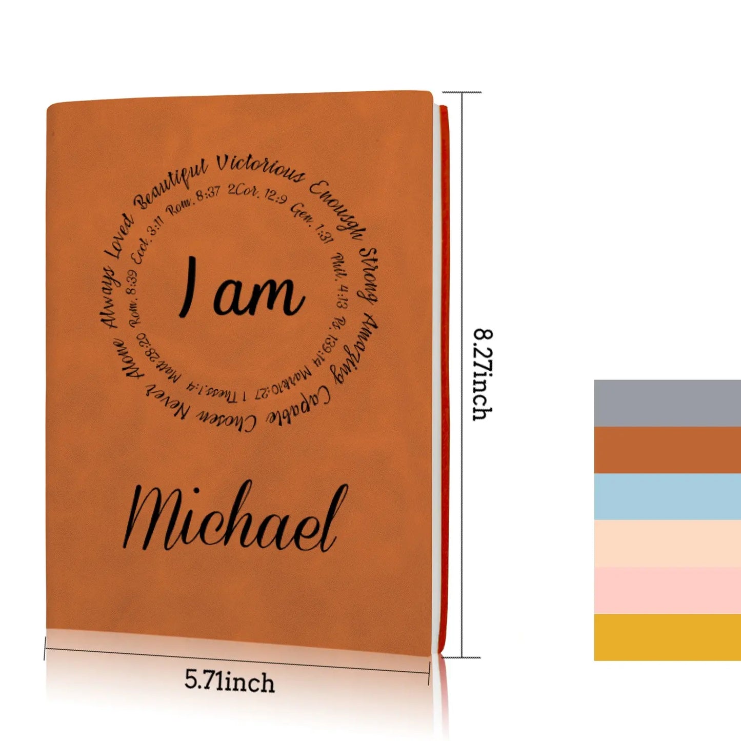 Personalized Name "I Am..." Circle Bible Verse Quotes Christian Bound Leather Journal Gift
