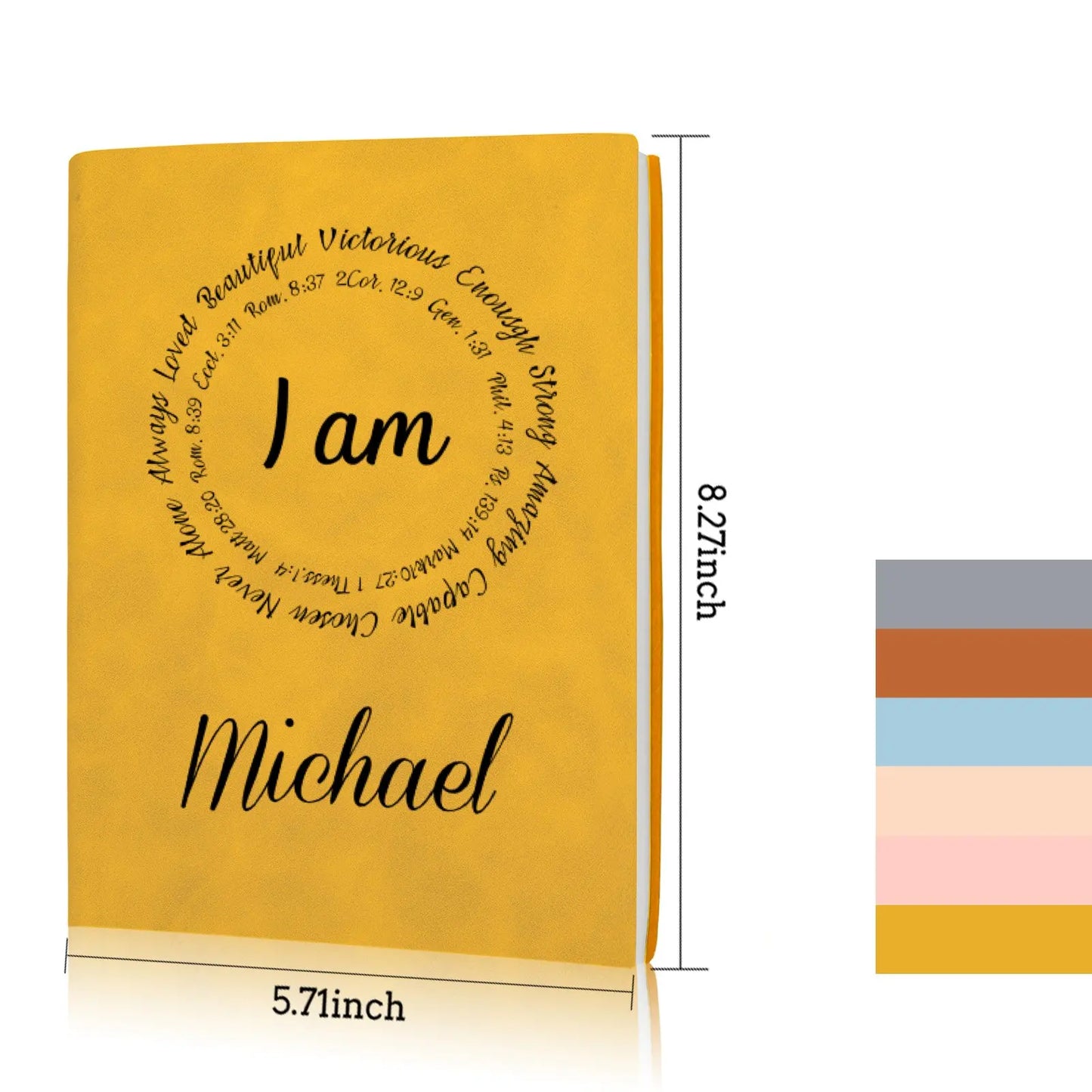 Personalized Name "I Am..." Circle Bible Verse Quotes Christian Bound Leather Journal Gift