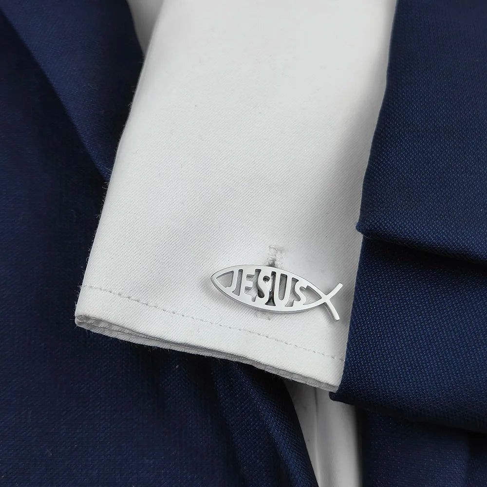 Jesus Name Fish Christian Button Cufflinks Gift