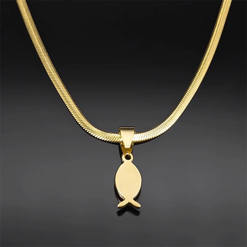 Jesus Cross Fish Solid Pendant Snake Chain Christian Necklace Gift