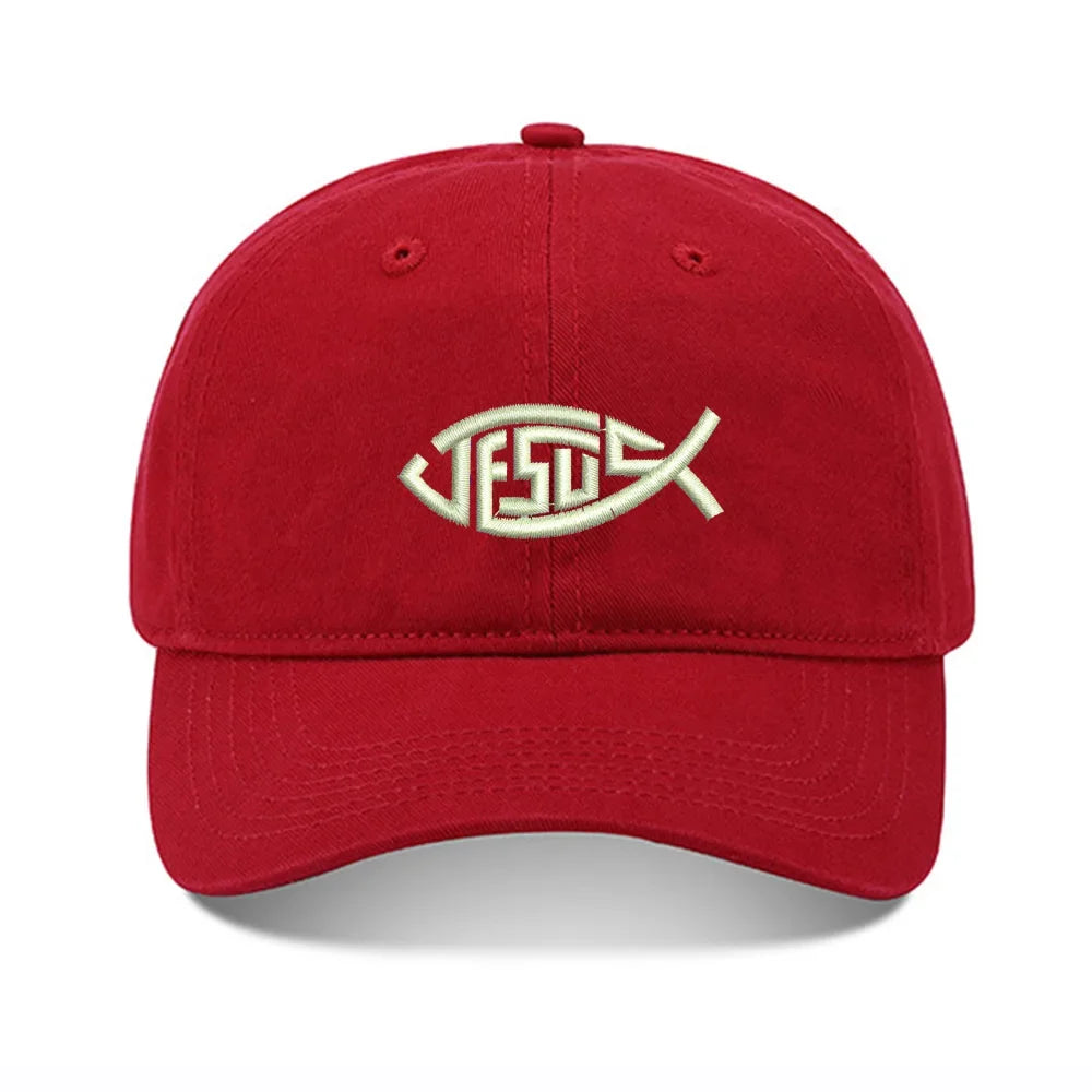 Embroidered Washed Cotton Adjustable Baseball Cap - Jesus Fish