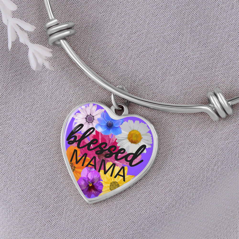 Personalized Engraved Blessed Mama Heart Pendant Mother's Christian Bracelet Gift