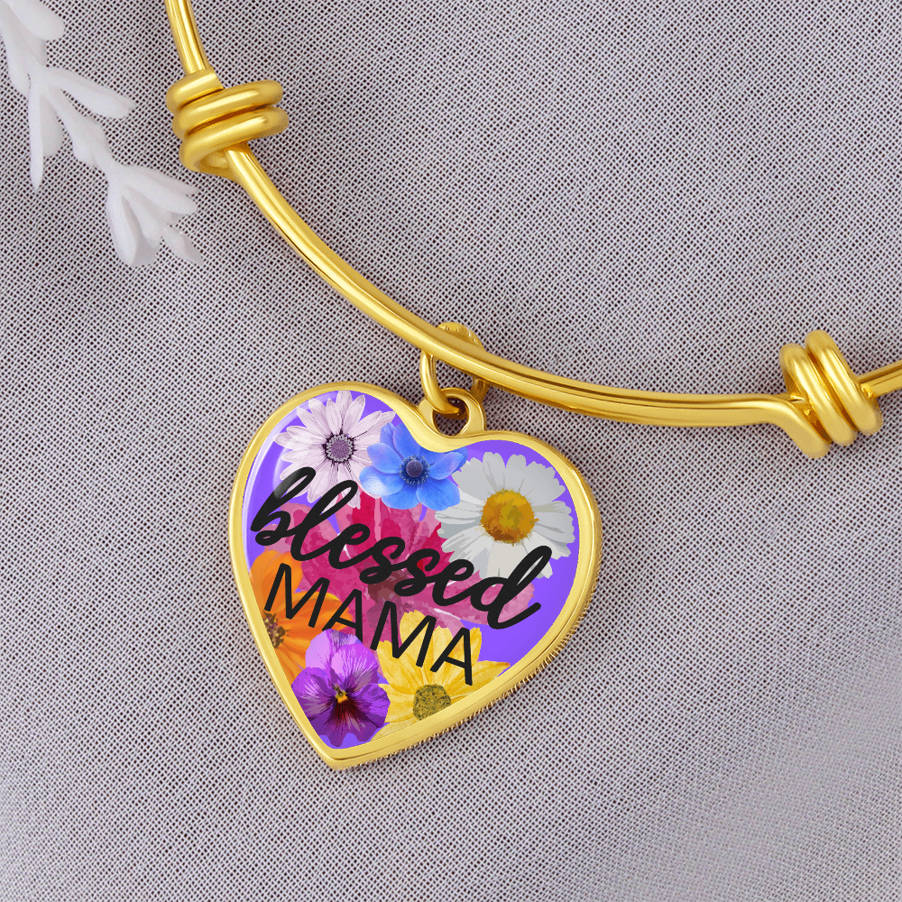 Personalized Engraved Blessed Mama Heart Pendant Mother's Christian Bracelet Gift