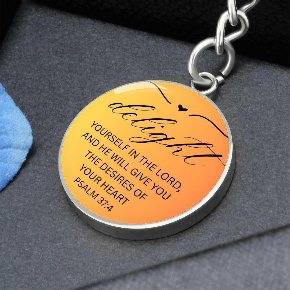 Personalized Engraved Bible Verse Circle Pendant Christian Keychain Gift - Delight Yourself in the Lord Psalm 37:4