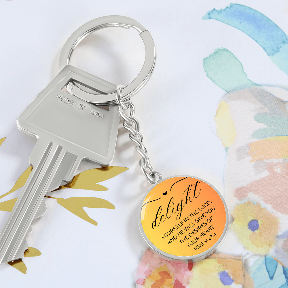 Personalized Engraved Bible Verse Circle Pendant Christian Keychain Gift - Delight Yourself in the Lord Psalm 37:4