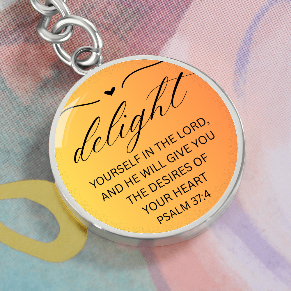Personalized Engraved Bible Verse Circle Pendant Christian Keychain Gift - Delight Yourself in the Lord Psalm 37:4