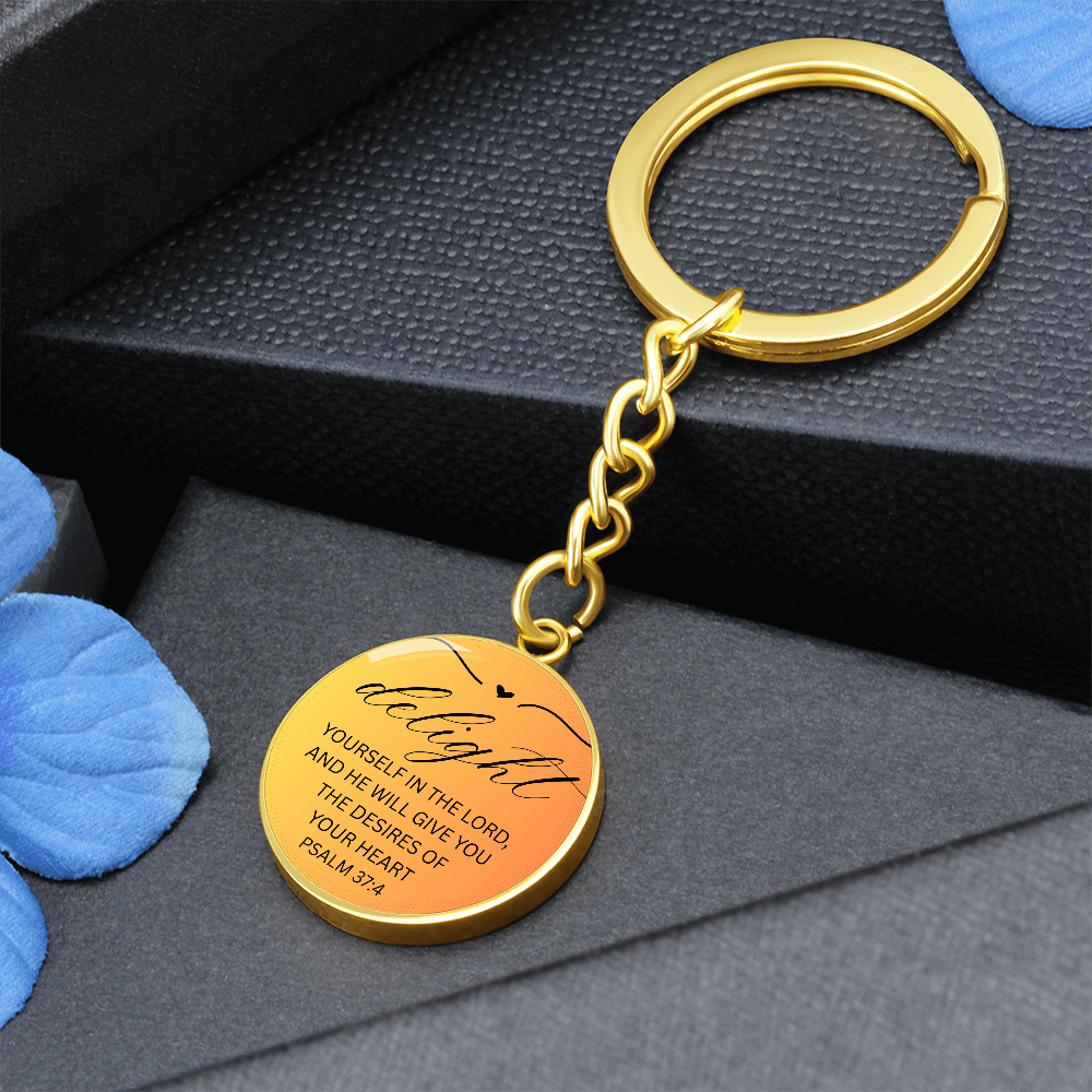 Personalized Engraved Bible Verse Circle Pendant Christian Keychain Gift - Delight Yourself in the Lord Psalm 37:4