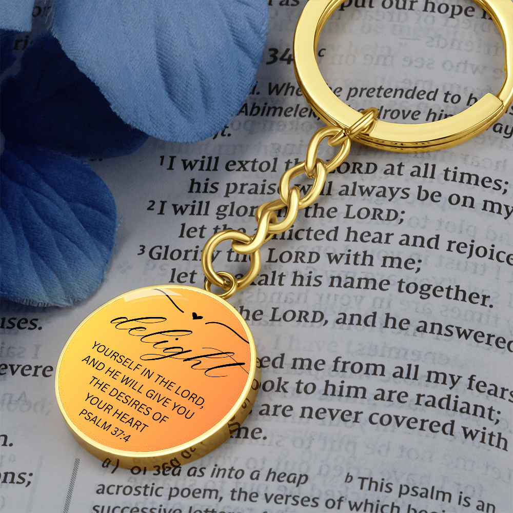 Personalized Engraved Bible Verse Circle Pendant Christian Keychain Gift - Delight Yourself in the Lord Psalm 37:4
