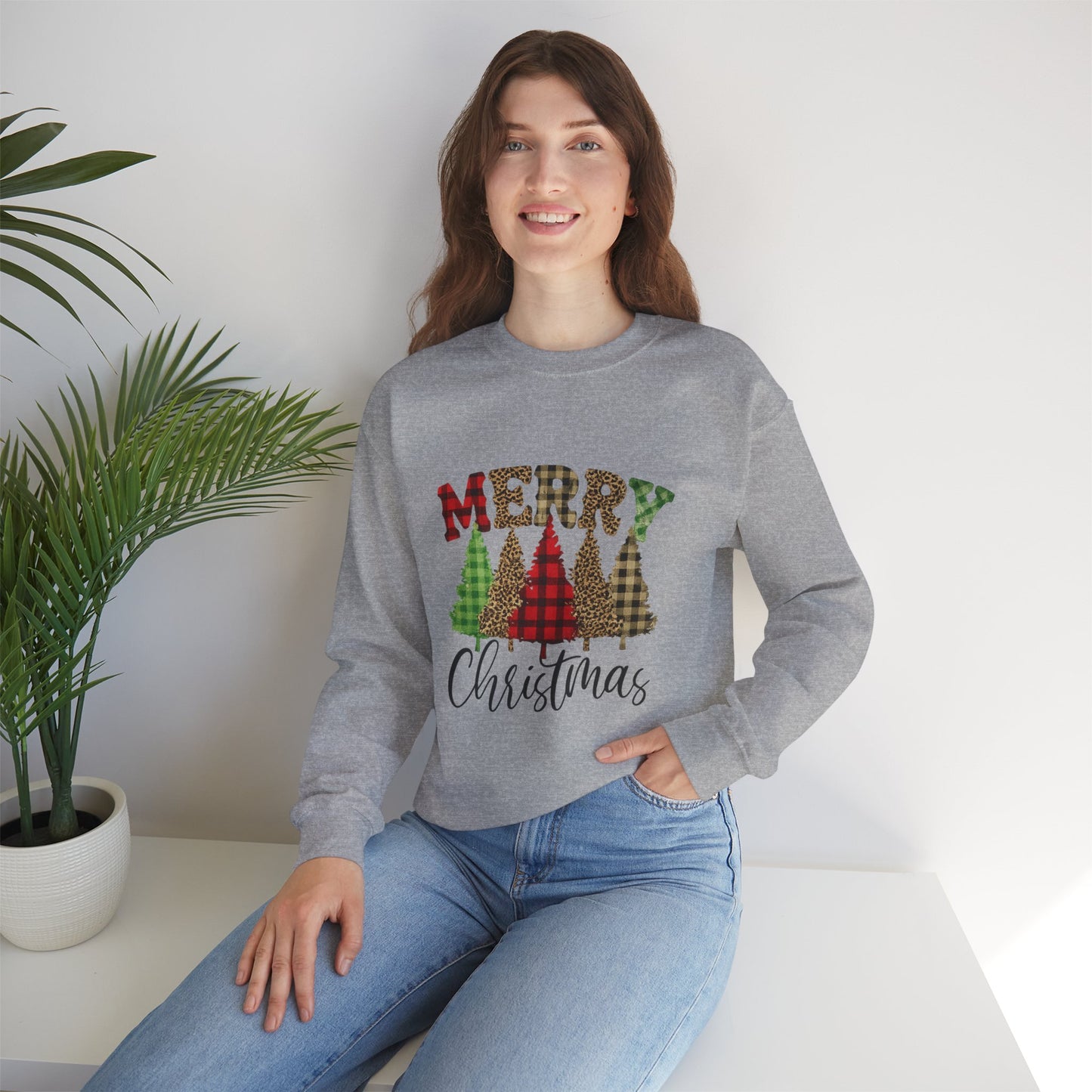 Merry Christmas Plaid Trees Unisex Crewneck Sweatshirt Christmas Gift
