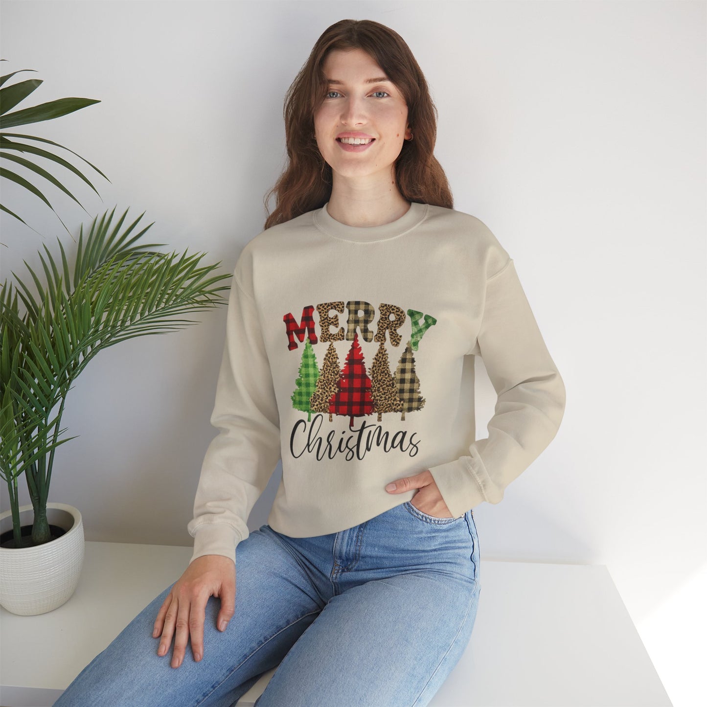 Merry Christmas Plaid Trees Unisex Crewneck Sweatshirt Christmas Gift