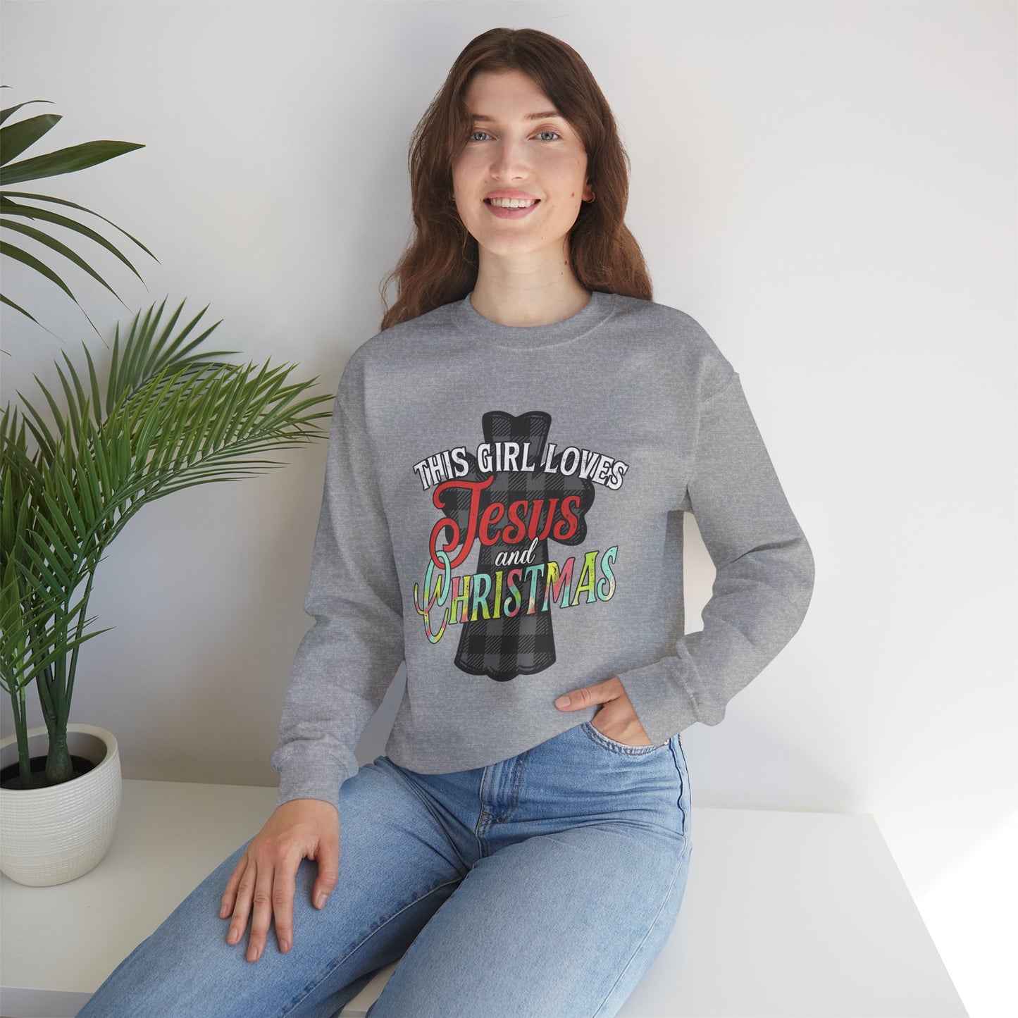 This Girl Loves Jesus and Christmas Plaid Cross Women's Crewneck Sweatshirt Christmas Gift