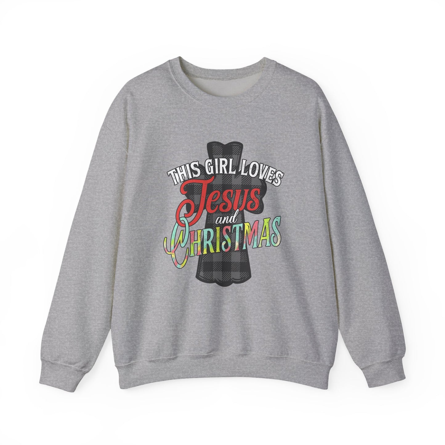 This Girl Loves Jesus and Christmas Plaid Cross Women's Crewneck Sweatshirt Christmas Gift