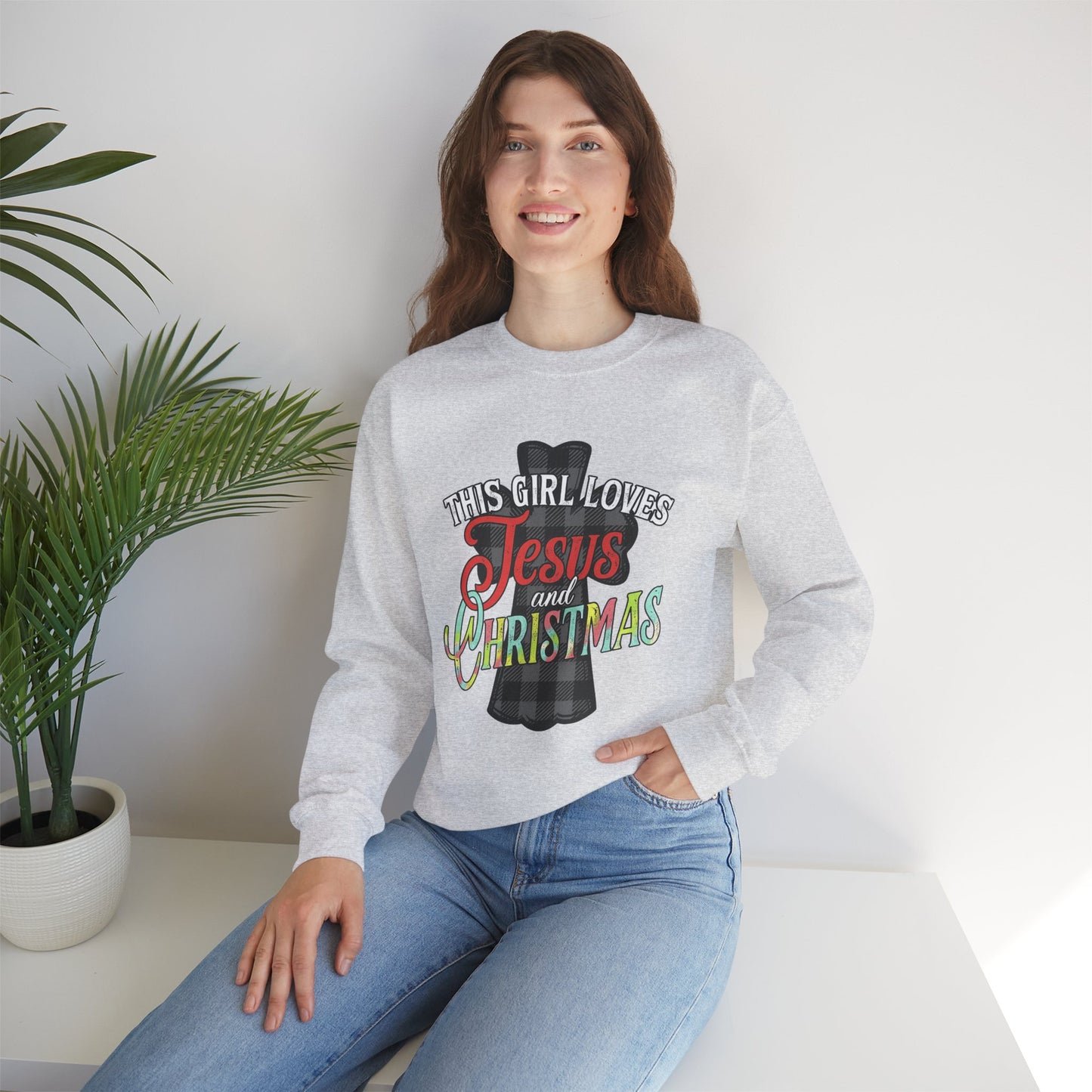 This Girl Loves Jesus and Christmas Plaid Cross Women's Crewneck Sweatshirt Christmas Gift