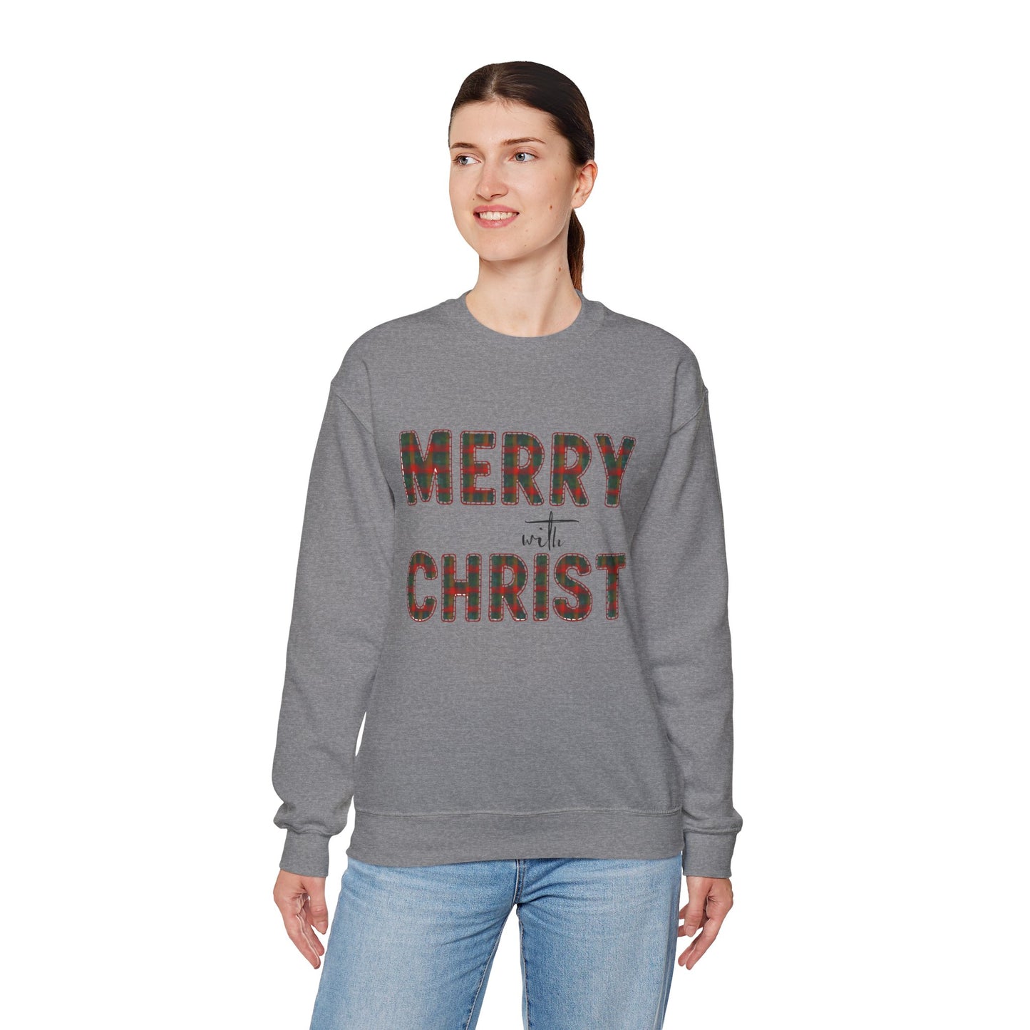 Merry with Christ Plaid Print Unisex Crewneck Sweatshirt Christmas Gift