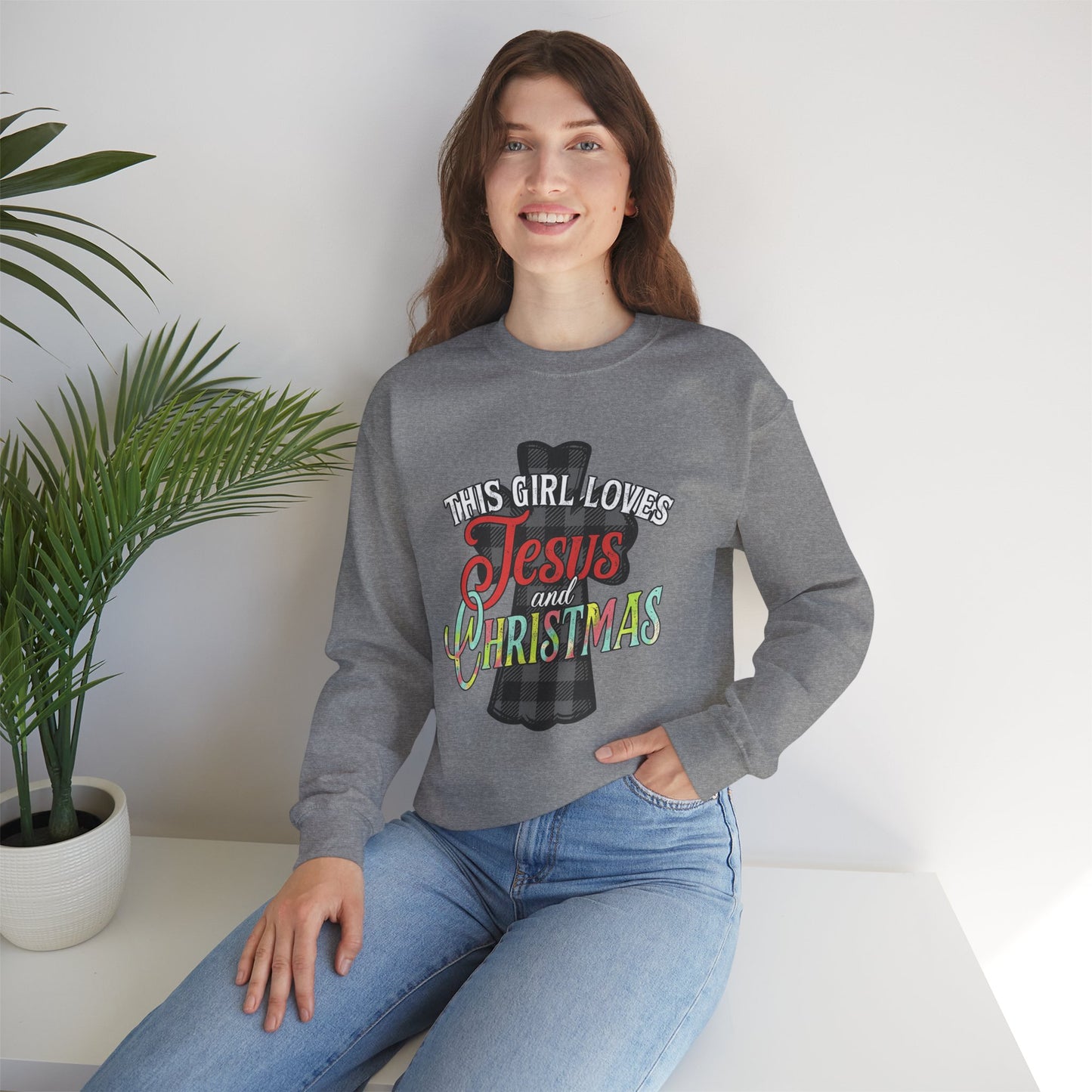 This Girl Loves Jesus and Christmas Plaid Cross Women's Crewneck Sweatshirt Christmas Gift