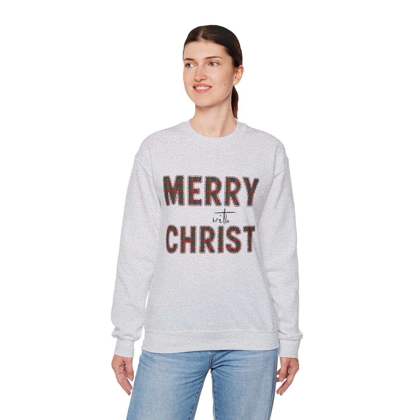 Merry with Christ Plaid Print Unisex Crewneck Sweatshirt Christmas Gift