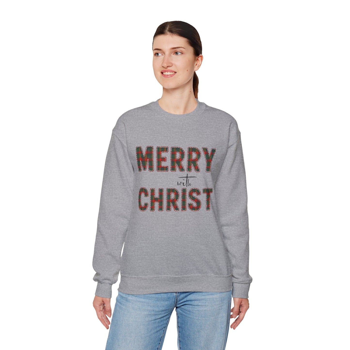 Merry with Christ Plaid Print Unisex Crewneck Sweatshirt Christmas Gift