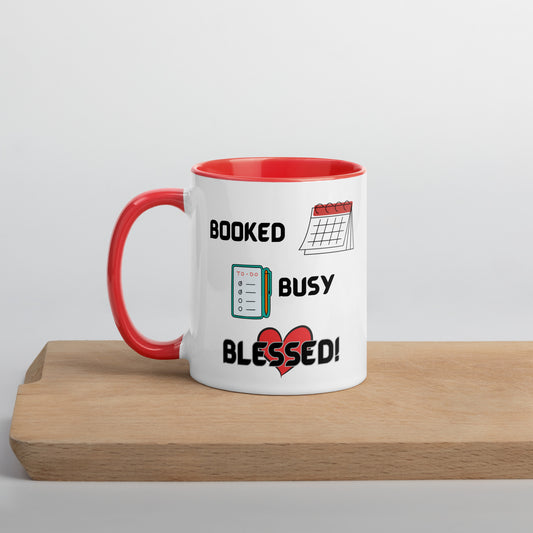 Booked, Busy, Blessed Christian Humor Coffee Mug Gift - 11oz in White - Black or Red Accent