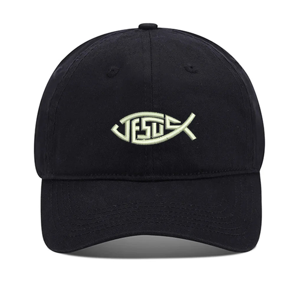 Embroidered Washed Cotton Adjustable Baseball Cap - Jesus Fish
