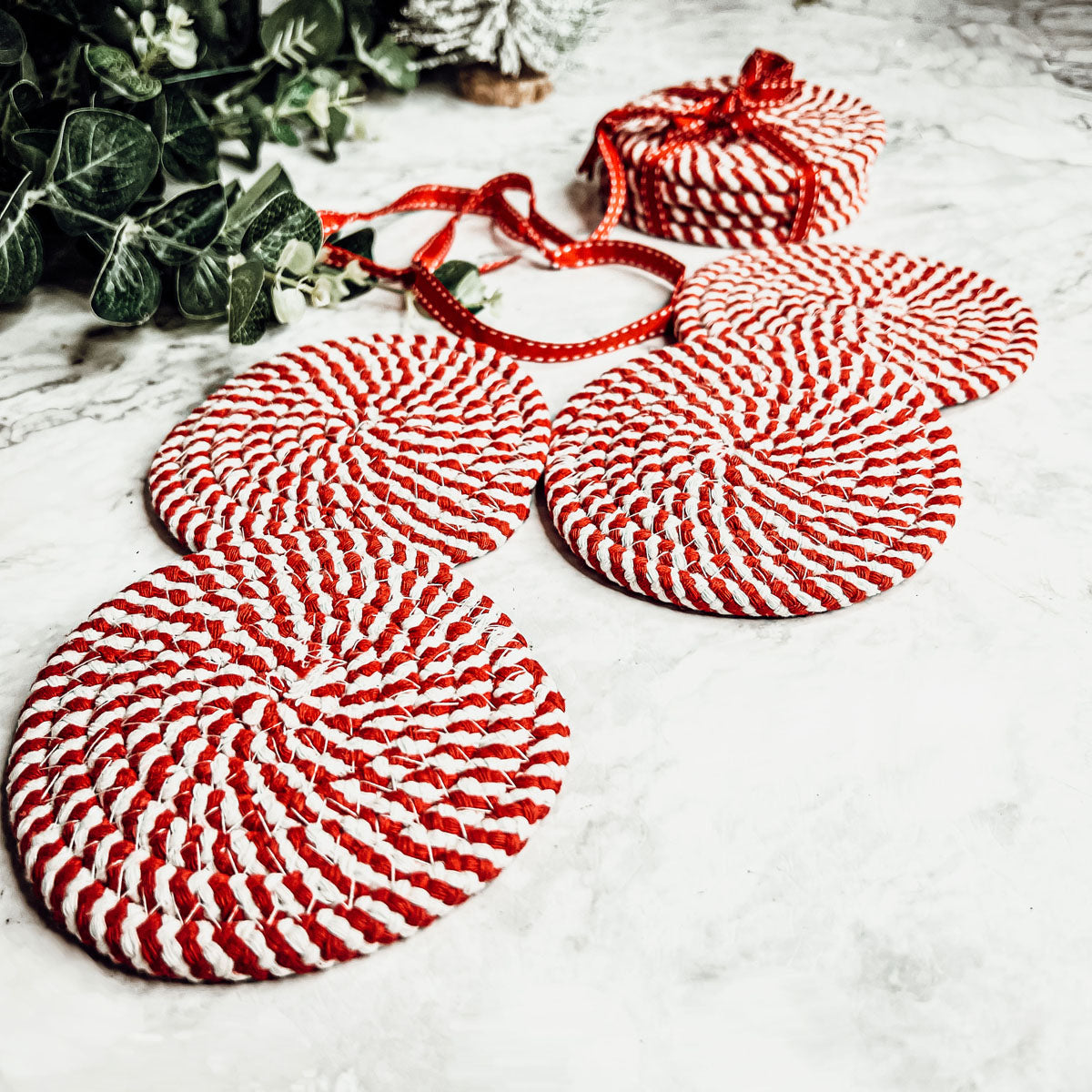 Candy Cane Braided Spiral Coasters Set