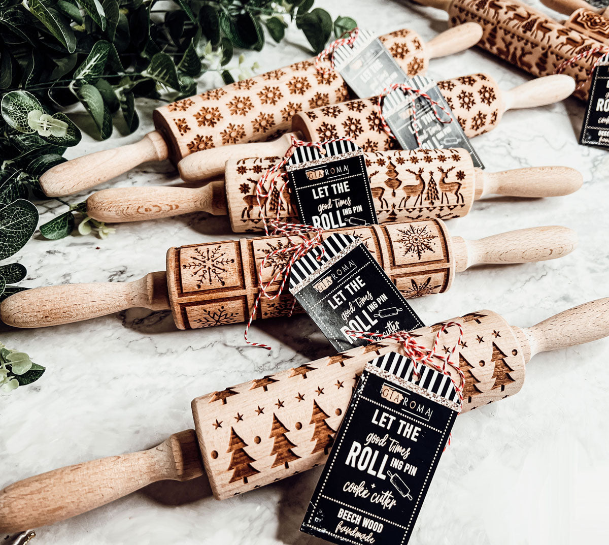 Embossed Christmas Pattern Rolling Pins w/Cookie Cutters