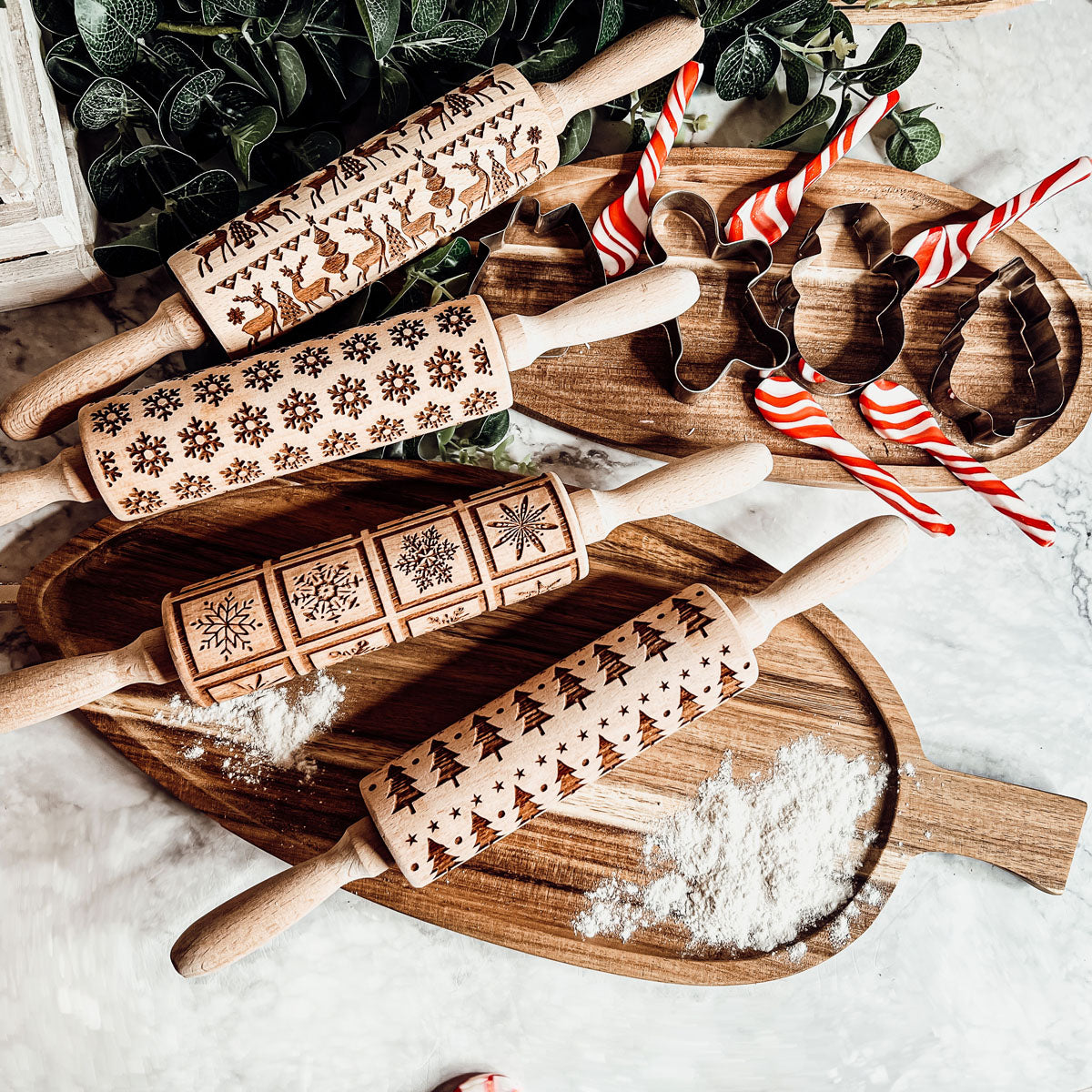 Embossed Christmas Pattern Rolling Pins w/Cookie Cutters