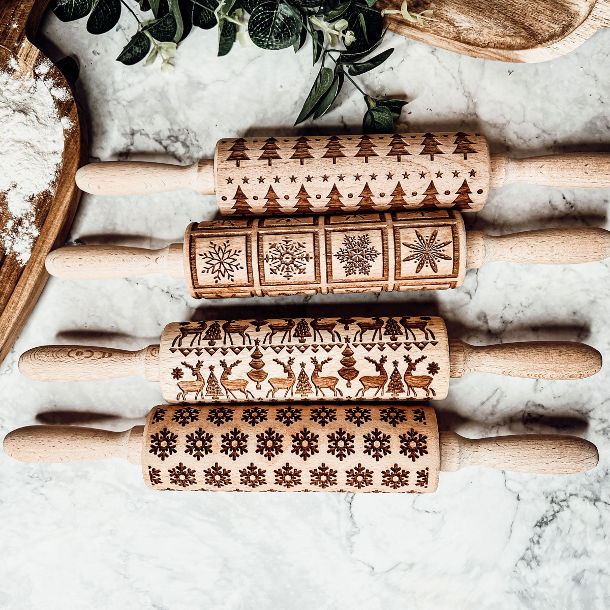 Embossed Christmas Pattern Rolling Pins w/Cookie Cutters