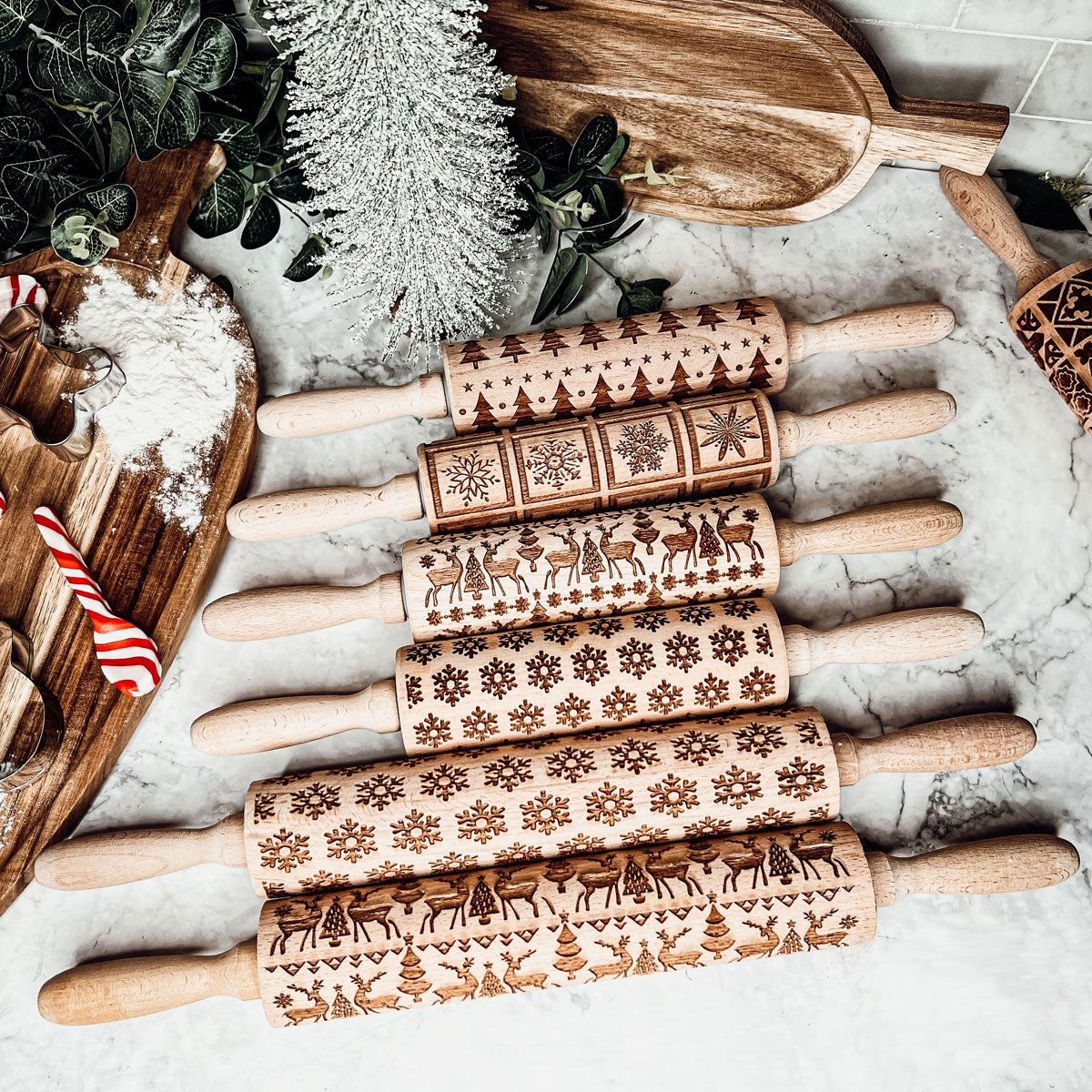 Embossed Christmas Pattern Rolling Pins w/Cookie Cutters