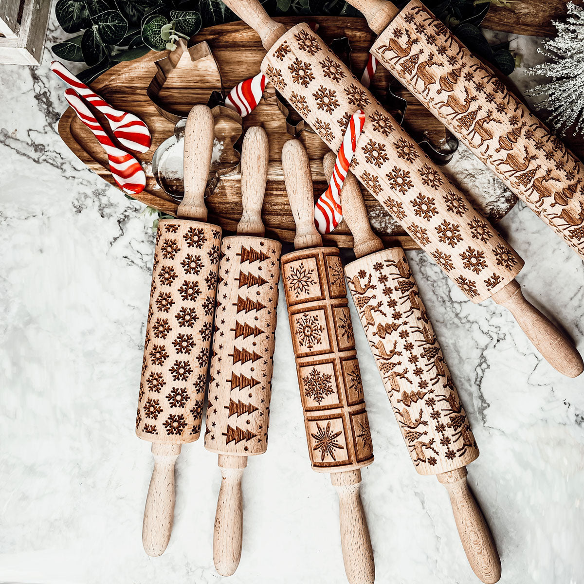 Embossed Christmas Pattern Rolling Pins w/Cookie Cutters