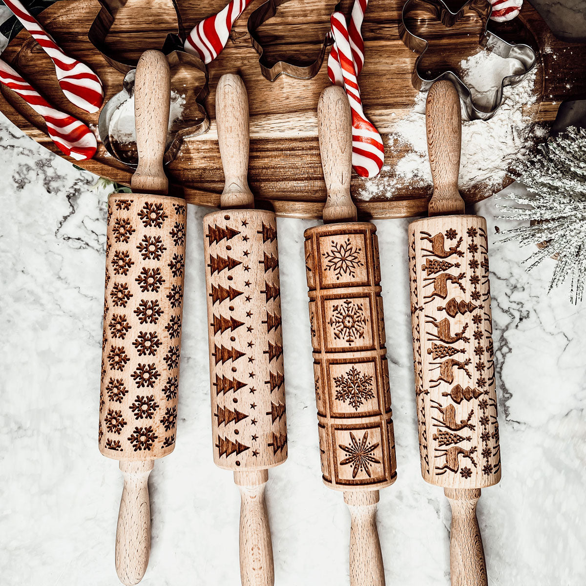 Embossed Christmas Pattern Rolling Pins w/Cookie Cutters