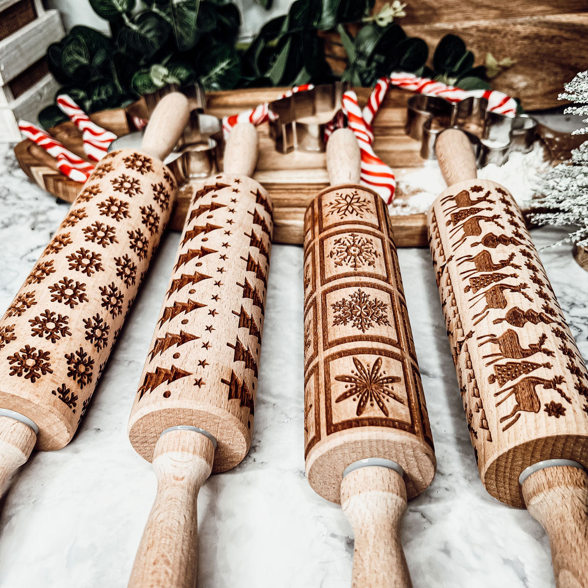 Embossed Christmas Pattern Rolling Pins w/Cookie Cutters