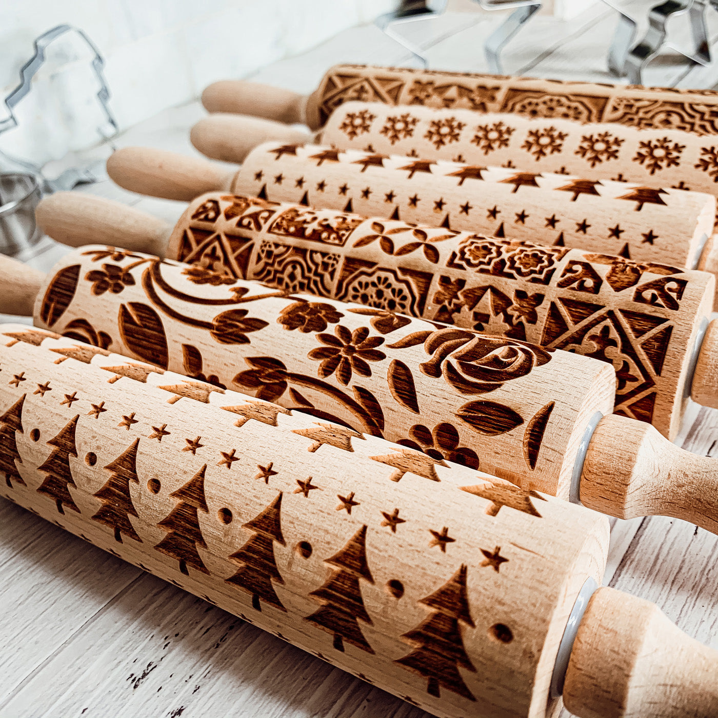 Embossed Christmas Pattern Rolling Pins w/Cookie Cutters